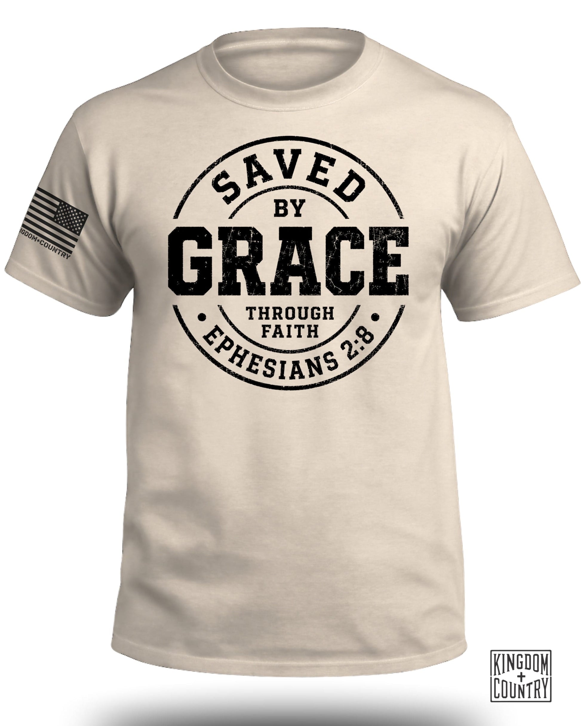 Cream t-shirt with "Saved by Grace Through Faith Ephesians 2:8" text and American flag logo.