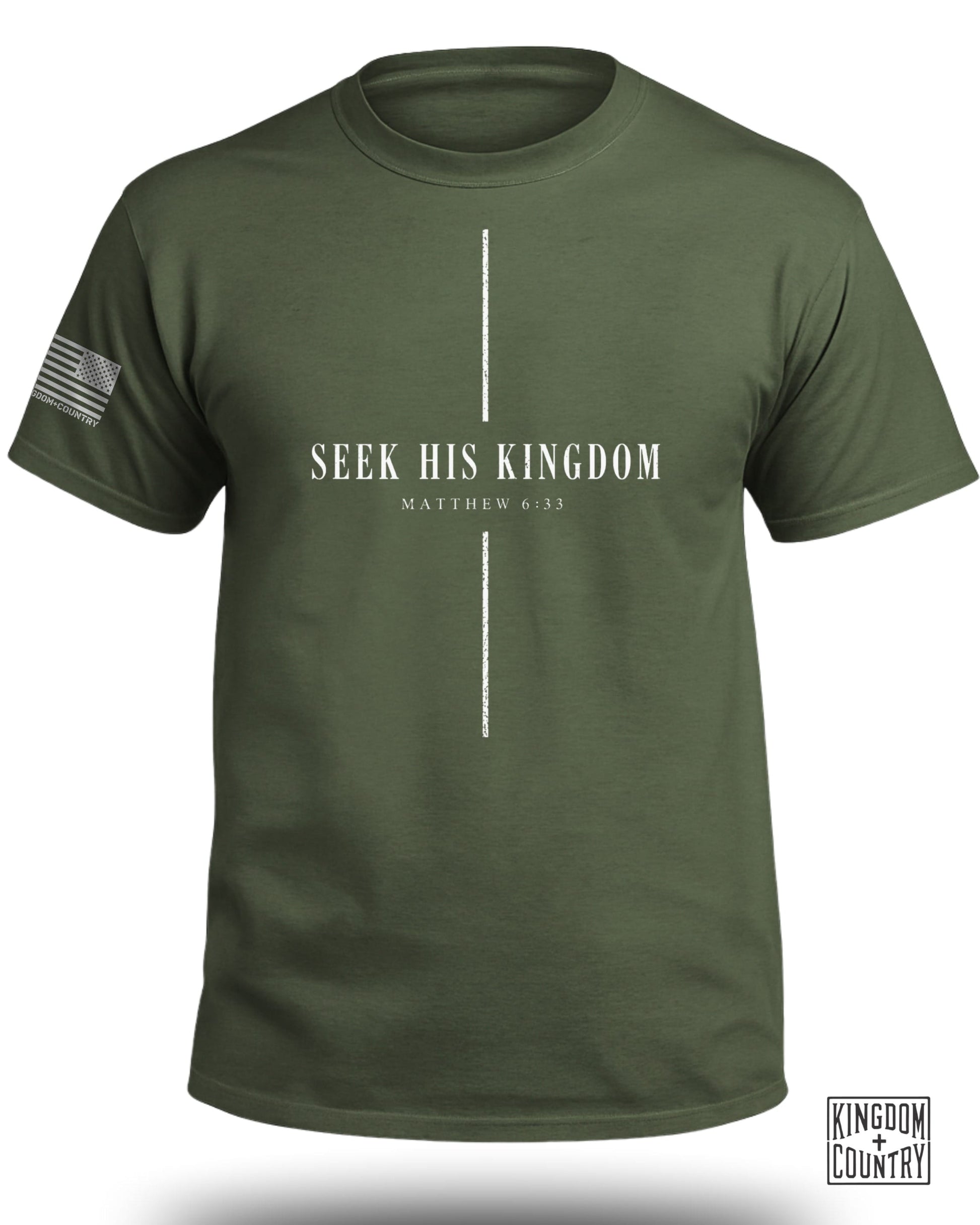 Olive green t-shirt with "Seek His Kingdom" and "Matthew 6:33" text.