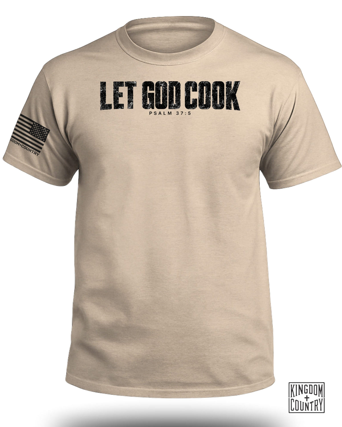 Tan t-shirt with "LET GOD COOK" and "PSALM 37:5" text.
