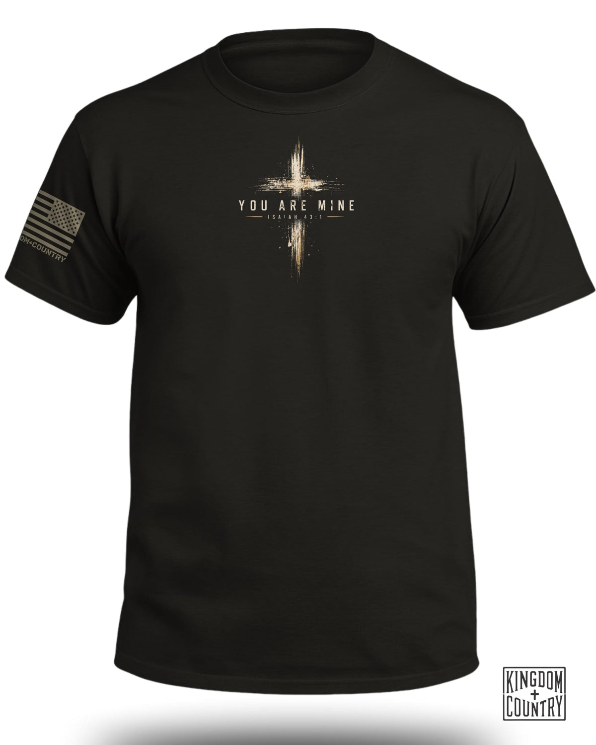Black t-shirt with a distressed cross and "YOU ARE MINE ISAIAH 43:1" text.