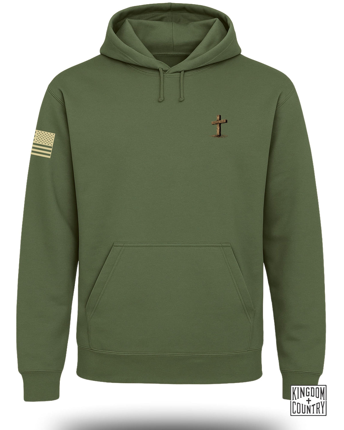 Green hoodie with American flag patch and wooden cross with "Psalm 23:4" text.