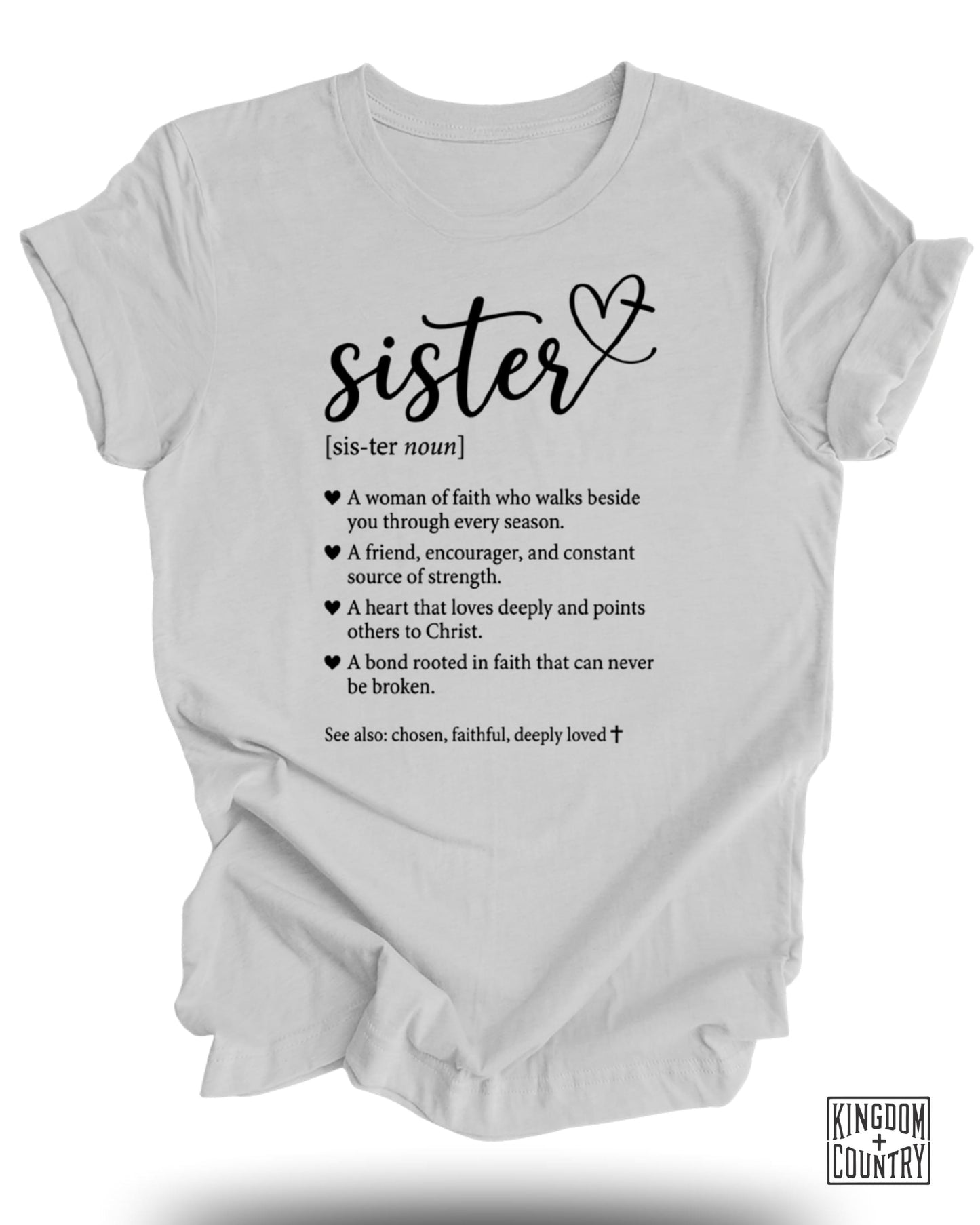 White t-shirt with "sister" definition and inspirational text.