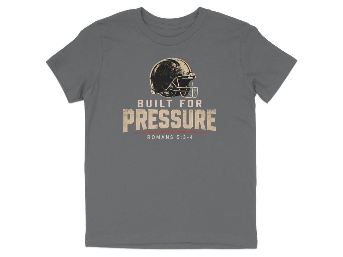 Gray t-shirt with football helmet graphic and text "BUILT FOR PRESSURE ROMANS 5:3-4".