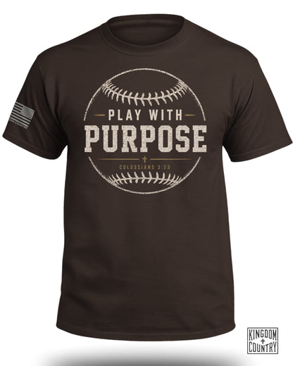 Brown t-shirt with baseball graphic and text "Play With Purpose".