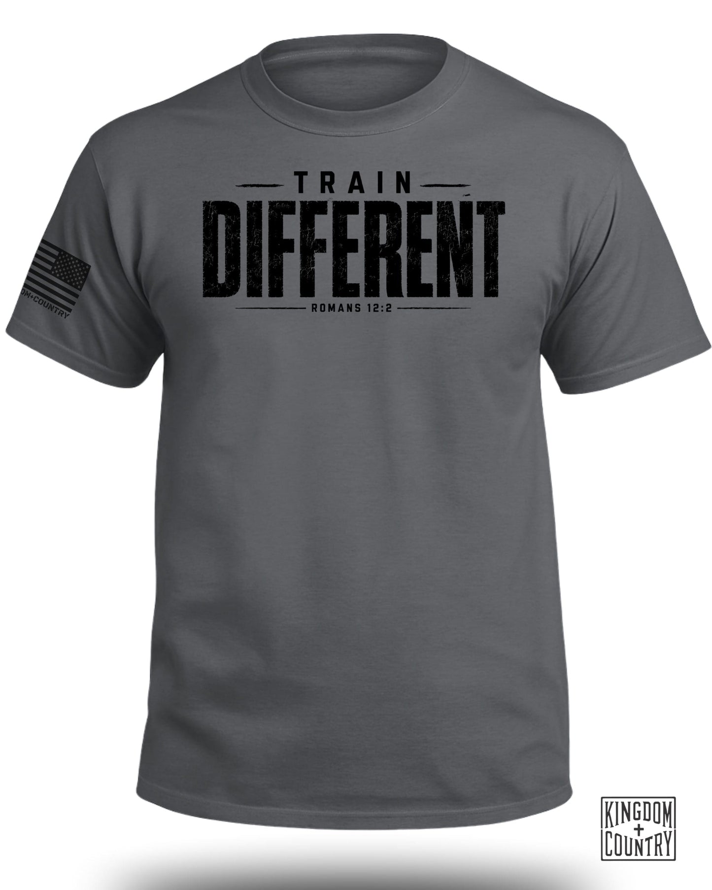 Dark grey t-shirt with "TRAIN DIFFERENT" and "ROMANS 12:2" text.