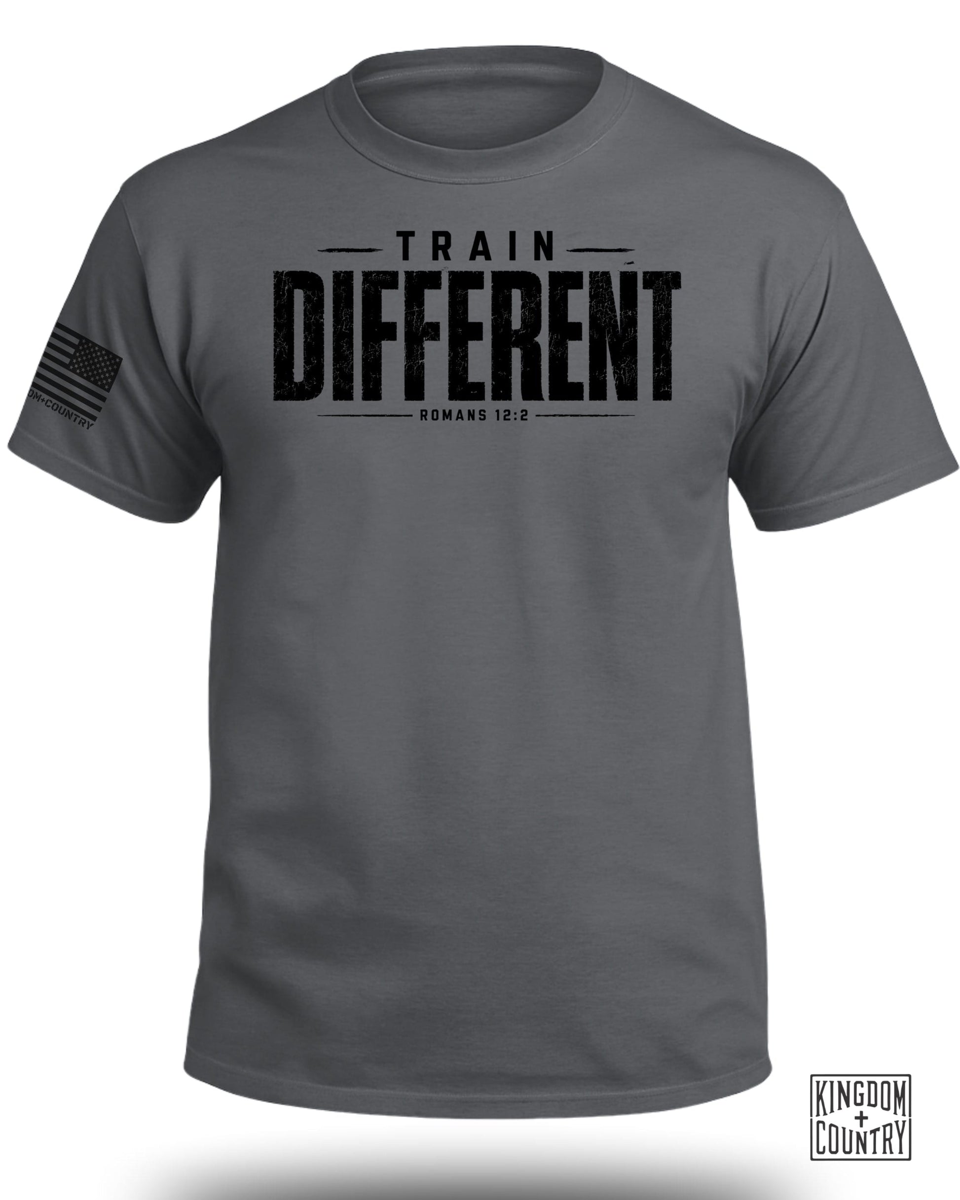 Dark grey t-shirt with "TRAIN DIFFERENT" and "ROMANS 12:2" text.