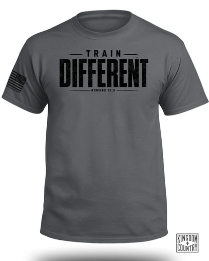 Dark grey t-shirt with "TRAIN DIFFERENT" and "ROMANS 12:2" text.