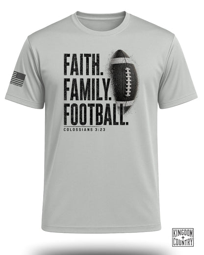 Gray t-shirt with "FAITH. FAMILY. FOOTBALL." and Colossians 3:23.