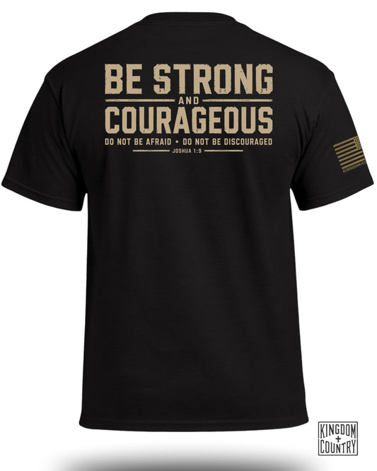 Black t-shirt with "Be Strong and Courageous Joshua 1:9" text and American flag logo.