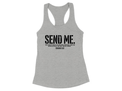 Gray tank top with "SEND ME. ISAIAH 6:8" scripture text.