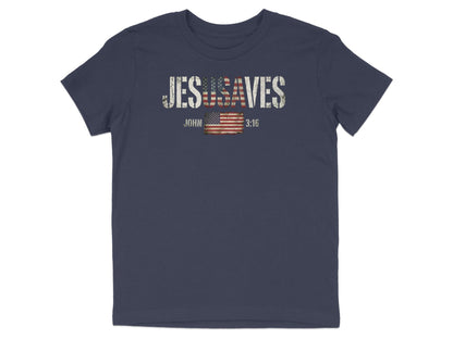Navy t-shirt with distressed "Jesus Saves" text, American flags, and "John 3:16".