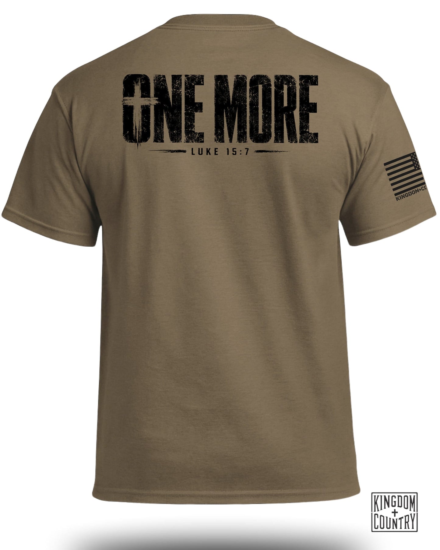 T-shirt with "ONE MORE" and "LUKE 15:7" text, and American flag graphic with "KINGDOM+CO".