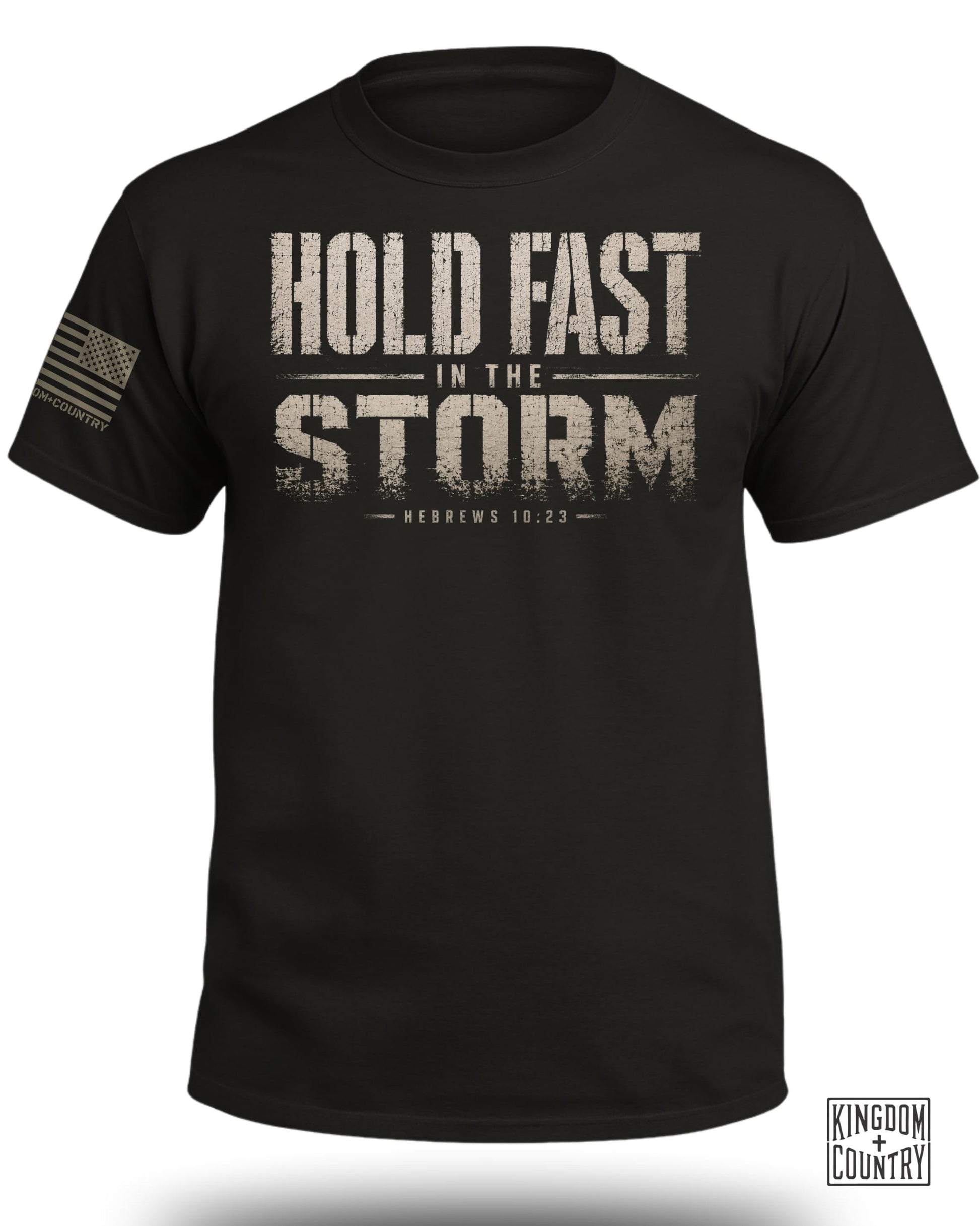 Black t-shirt with "Hold Fast In The Storm" and "Hebrews 10:23" text.