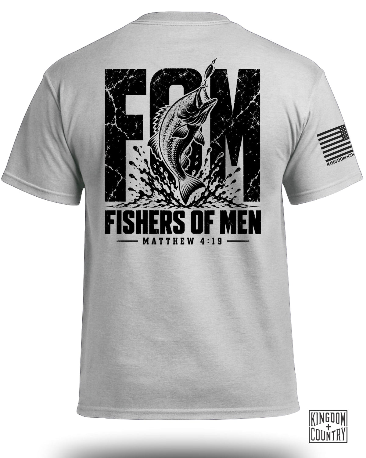 Light grey t-shirt with distressed "FCM" text, jumping bass, and "Fishers of Men Matthew 4:19".