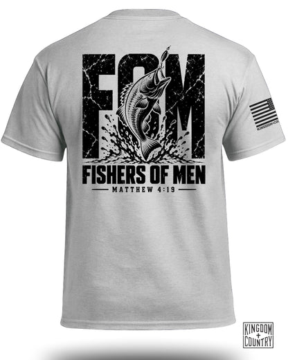 Light grey t-shirt with distressed "FCM" text, jumping bass, and "Fishers of Men Matthew 4:19".