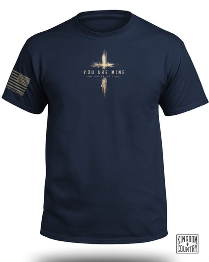 Navy t-shirt with a distressed cross graphic and "YOU ARE MINE ISAIAH 43:1" text.