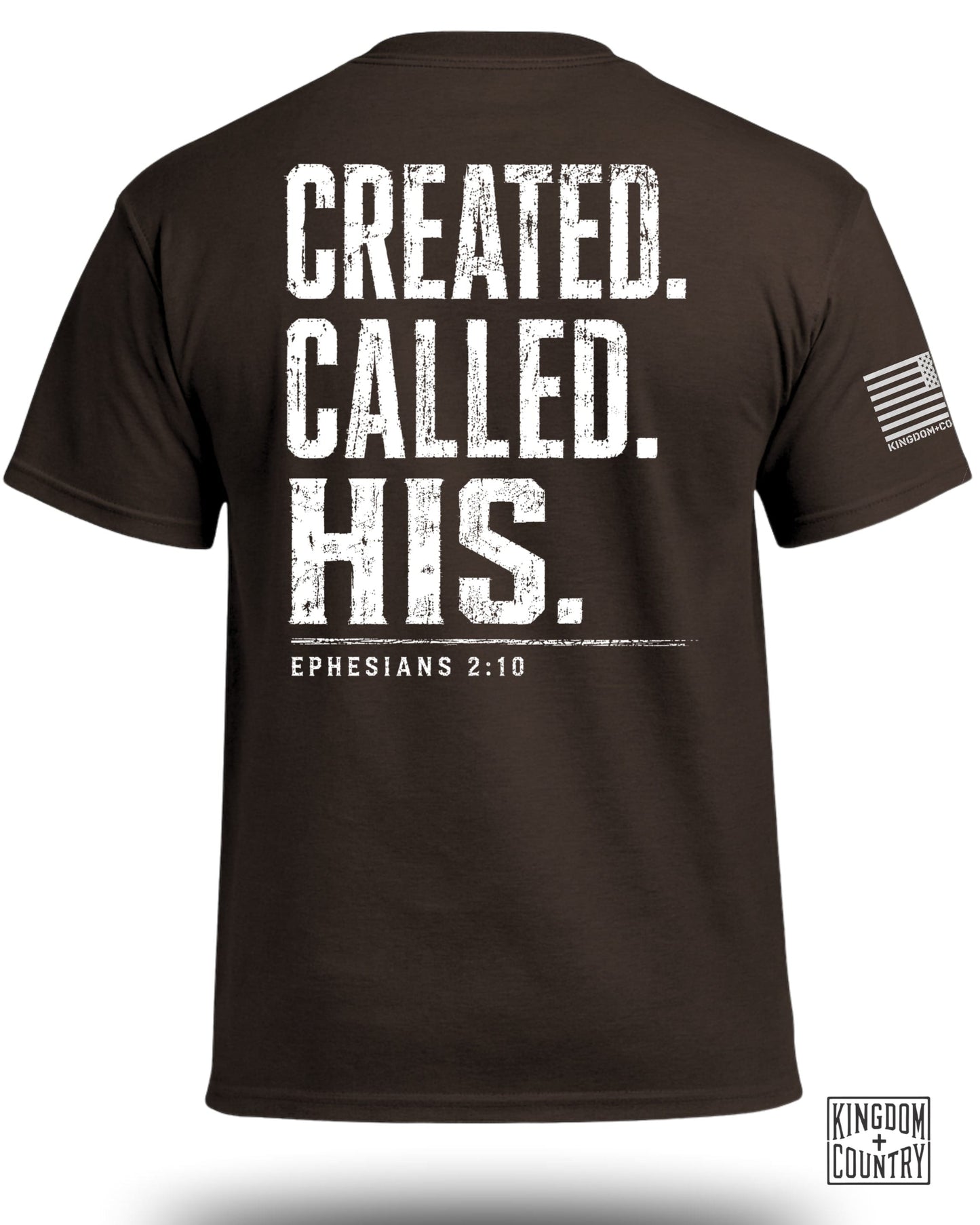 Brown t-shirt with white text "CREATED. CALLED. HIS." and "EPHESIANS 2:10".