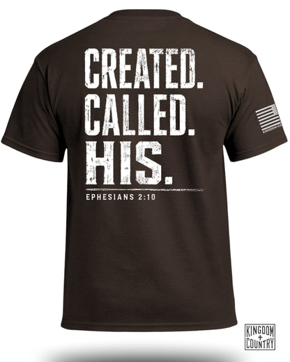 Brown t-shirt with white text "CREATED. CALLED. HIS." and "EPHESIANS 2:10".