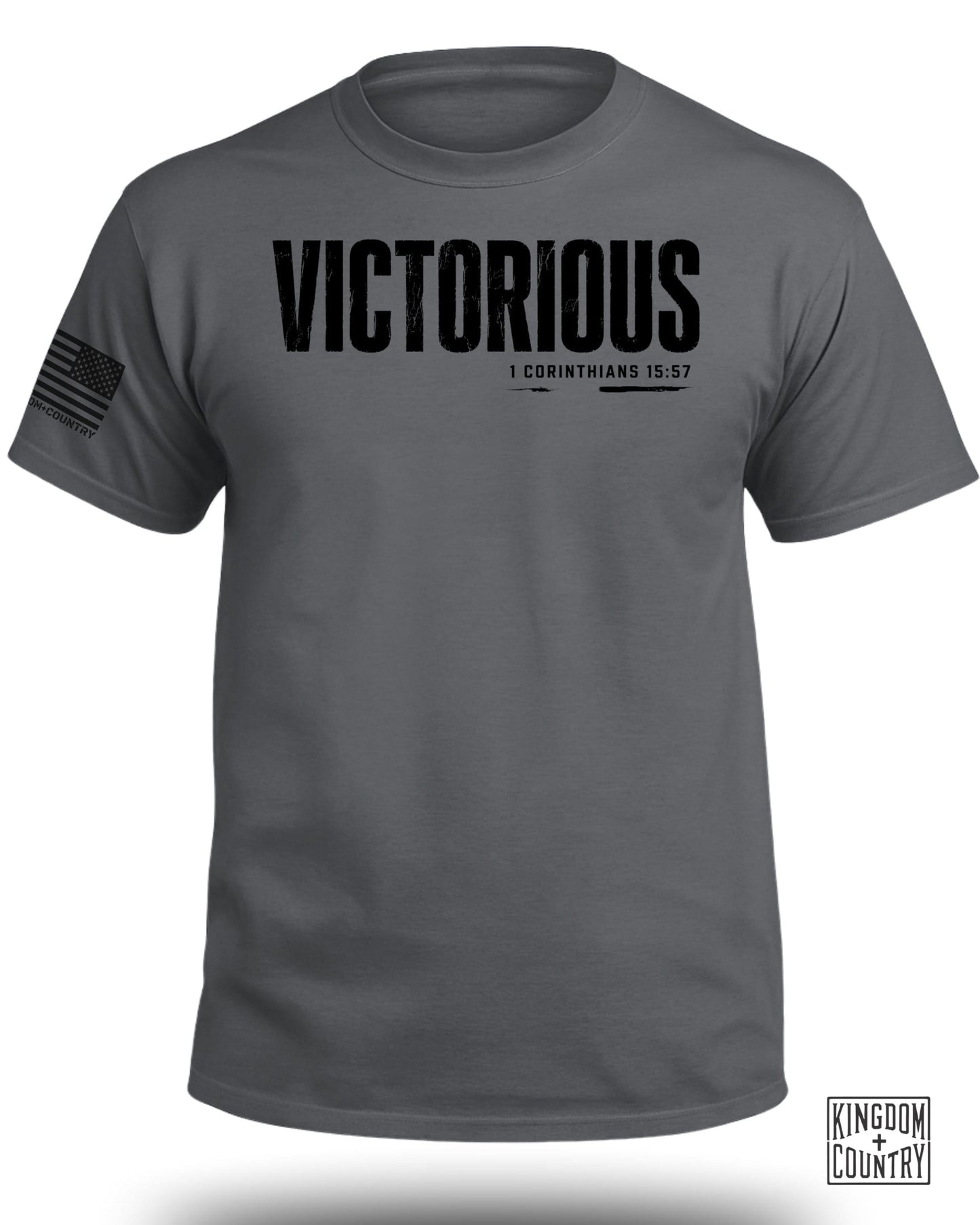 Charcoal t-shirt with "VICTORIOUS" and "1 CORINTHIANS 15:57" text.