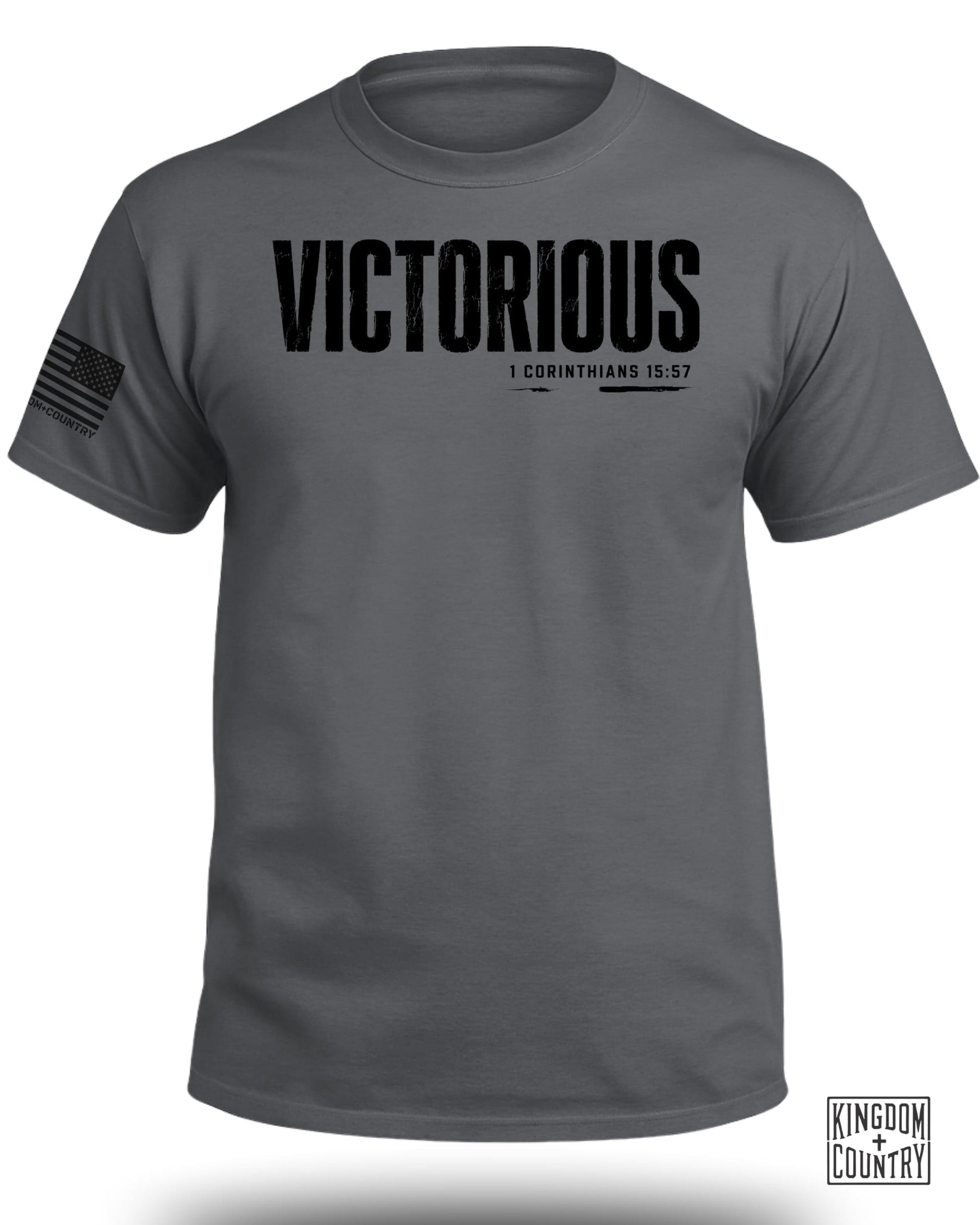 Charcoal t-shirt with "VICTORIOUS" and "1 CORINTHIANS 15:57" text.