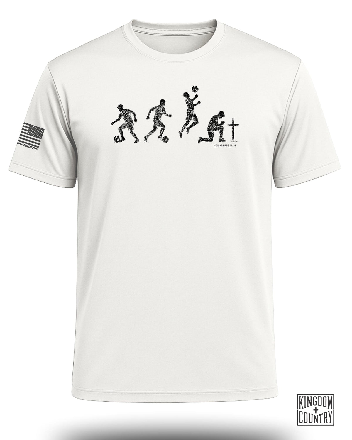 White t-shirt with black graphic of soccer player progression and text.