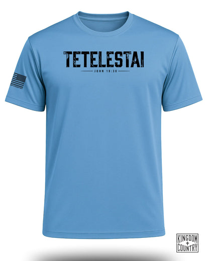 Light blue t-shirt with "TETELESTAI JOHN 19:30" and an American flag on the sleeve.