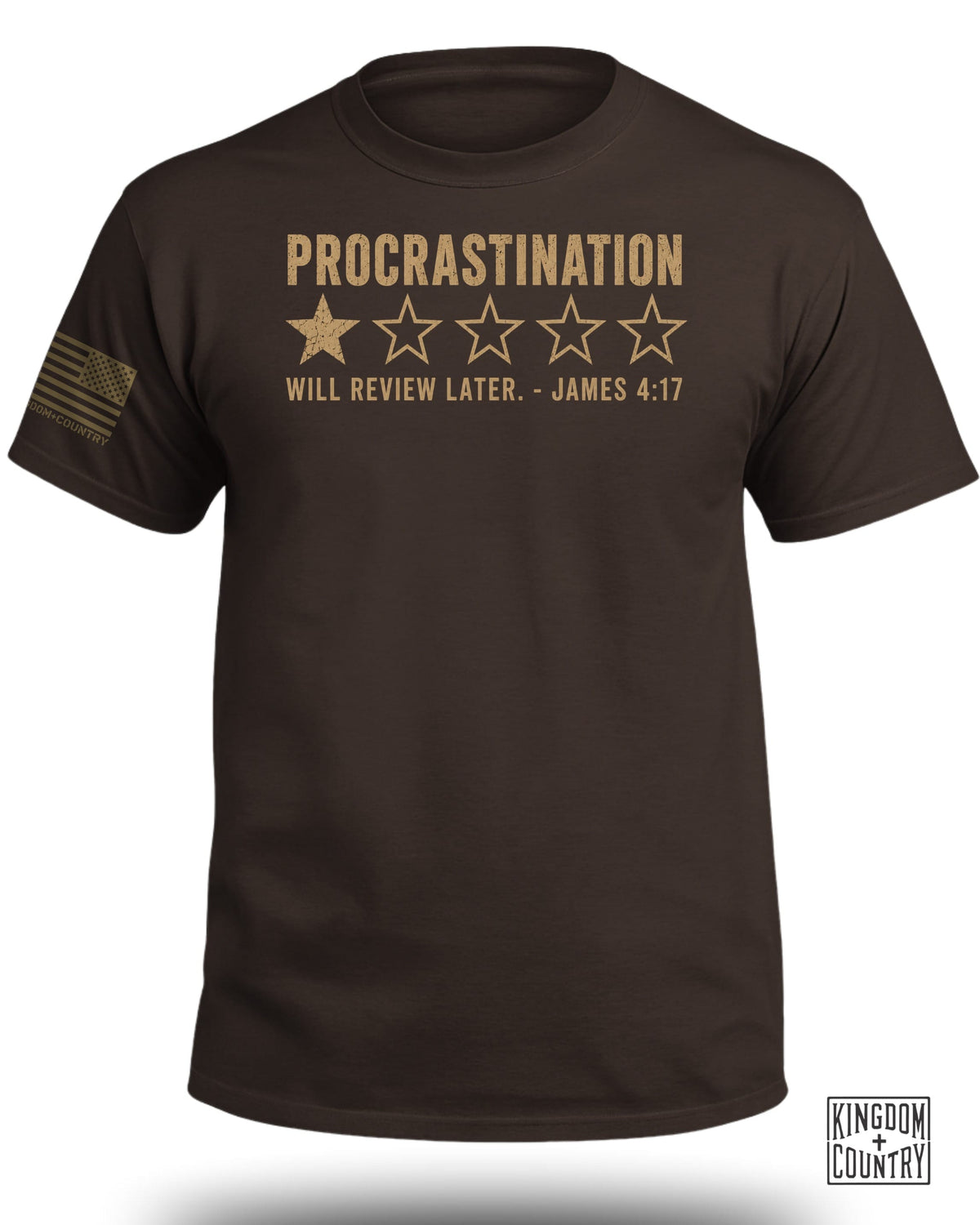 Brown t-shirt with "PROCRASTINATION" and one star out of five, "WILL REVIEW LATER. - JAMES 4:17".