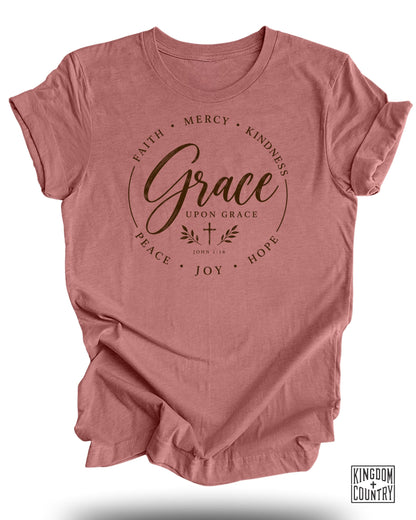 Dusty rose t-shirt with "Grace Upon Grace" and Bible verse John 1:16.