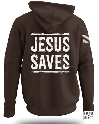 Jesus Saves Design on Brown Hooded Sweatshirt product