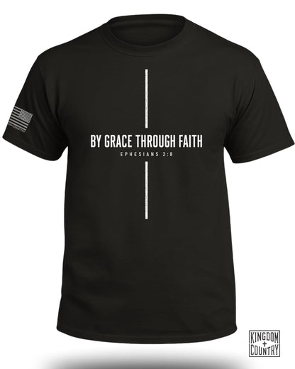 Black t-shirt with text "BY GRACE THROUGH FAITH" and "EPHESIANS 2:8".