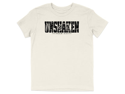 Cream t-shirt with "UNSHAKEN" text featuring football graphics and "PSALM 16:8".