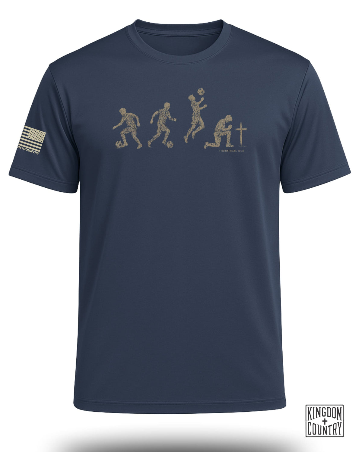 Navy t-shirt with soccer evolution graphic and 1 Corinthians 10:31.