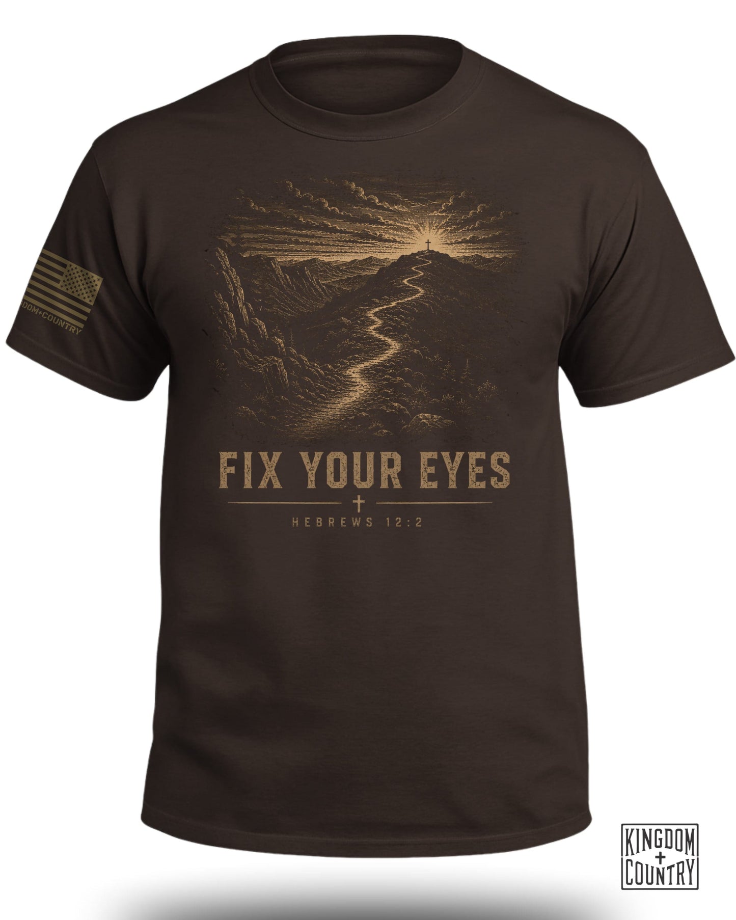 Brown t-shirt with mountain landscape and text "FIX YOUR EYES HEBREWS 12:2".