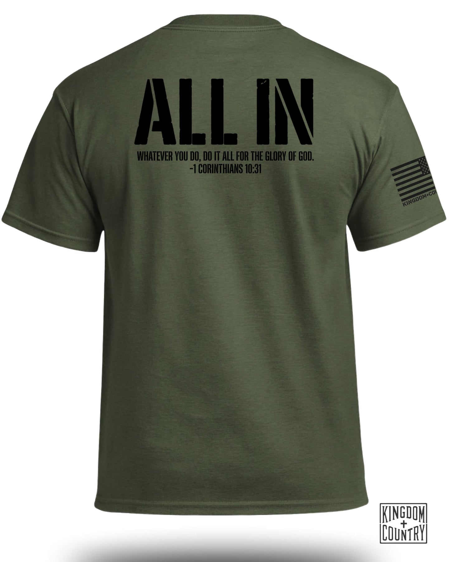 Green t-shirt with "ALL IN" and scripture from 1 Corinthians 10:31.