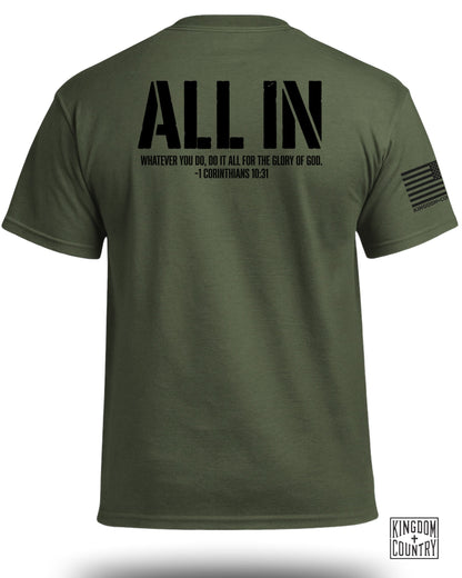 Green t-shirt with "ALL IN" and scripture from 1 Corinthians 10:31.