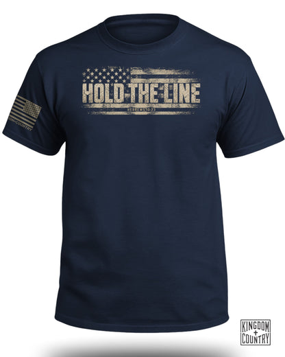 Navy t-shirt with distressed US flag graphic saying "HOLD THE LINE" and "HEBREWS 10:23".