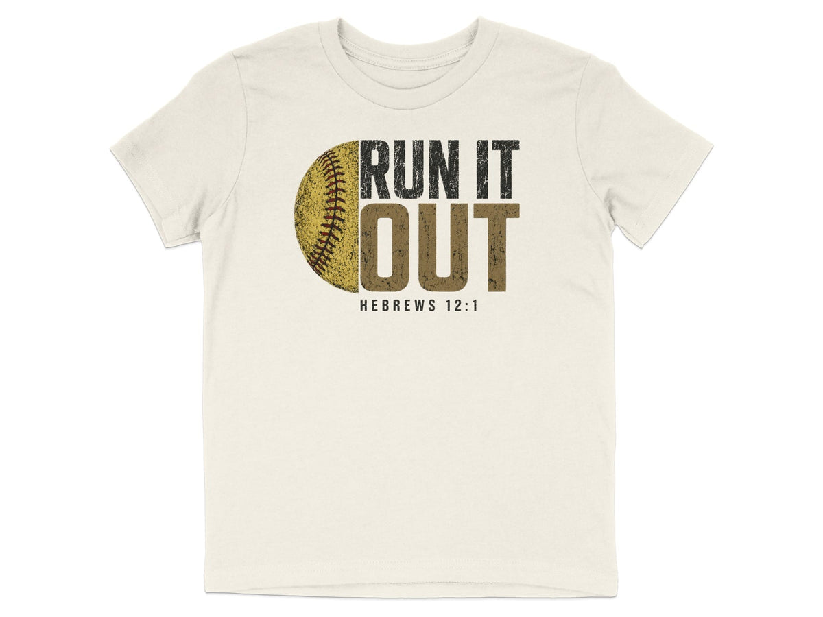 Cream t-shirt with "RUN IT OUT" text and a baseball graphic.