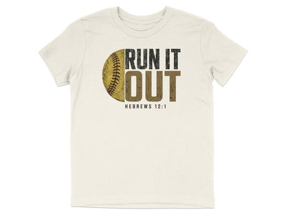 Cream t-shirt with "RUN IT OUT" text and a baseball graphic.