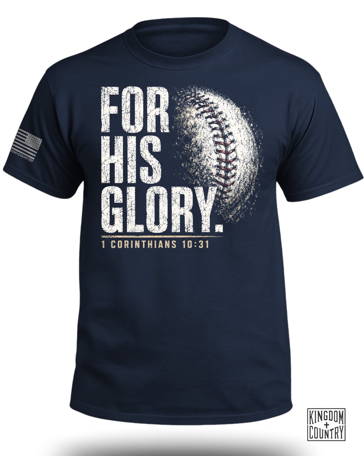 Navy t-shirt with "FOR HIS GLORY. 1 CORINTHIANS 10:31" and a baseball graphic.