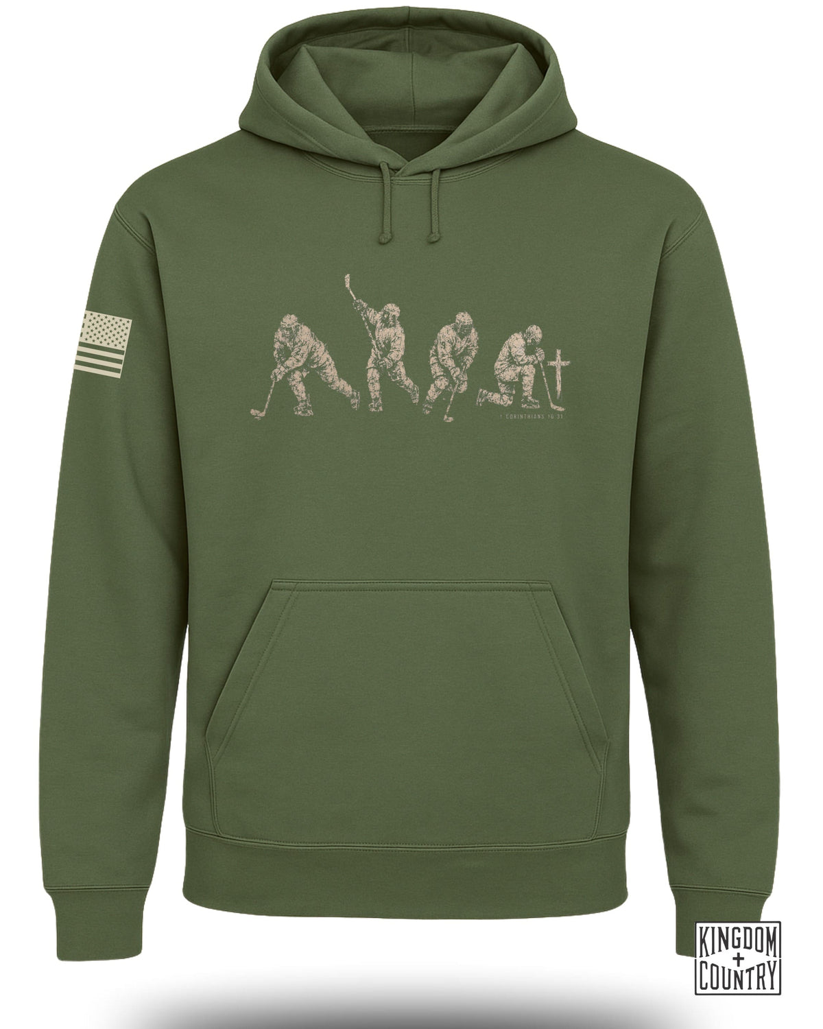 Green hoodie with hockey player graphic and 1 Corinthians 10:31 text.