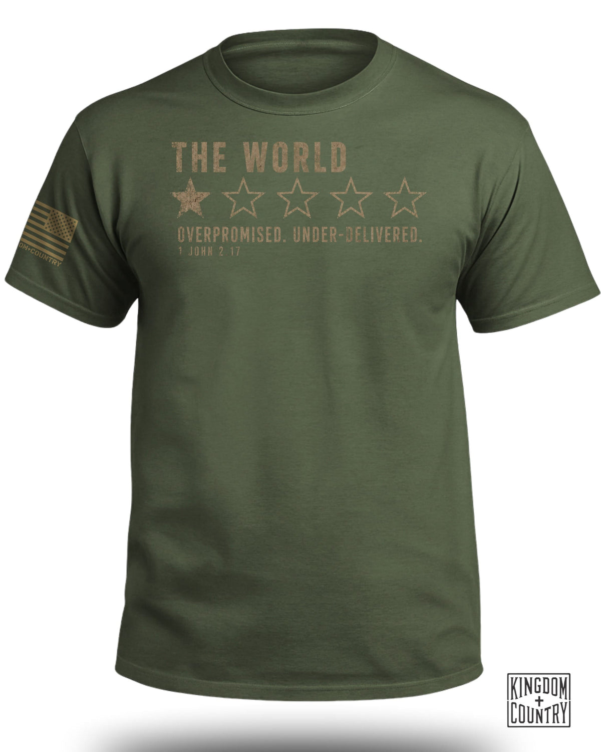 Olive green t-shirt with "The World" and stars above "Overpromised. Under-delivered." text.