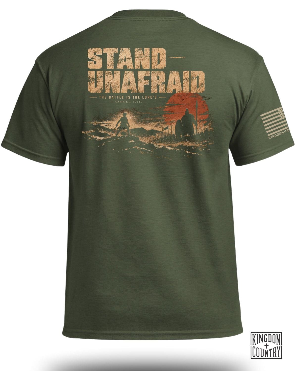 Green t-shirt with "STAND UNAFRAID" and biblical verse graphic.