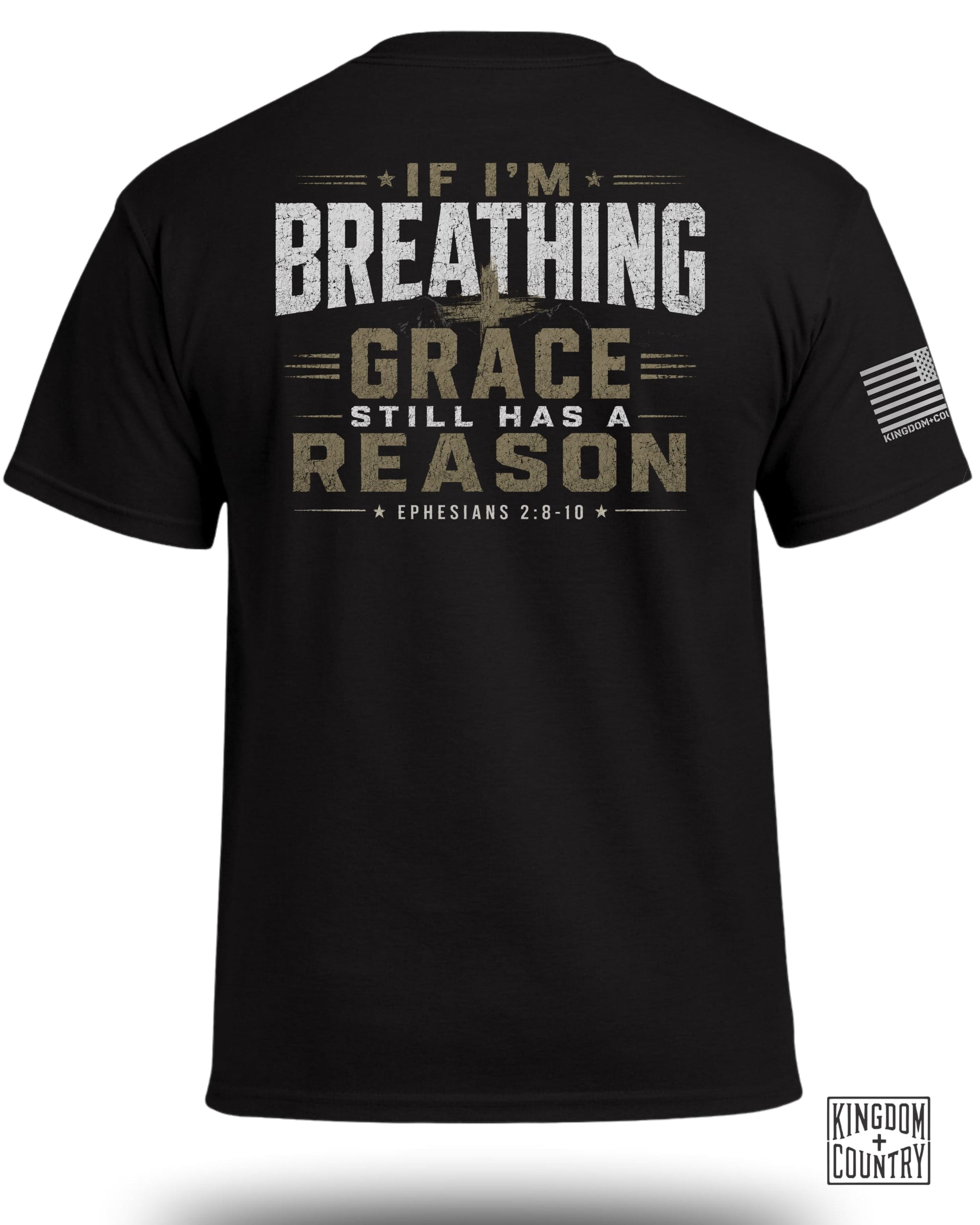 Black t-shirt with "If I'm Breathing Grace Still Has a Reason" text.