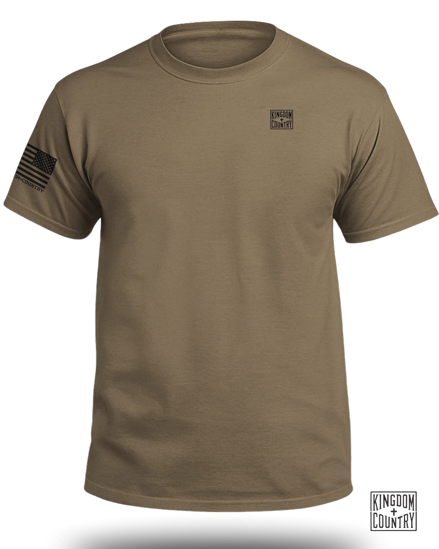 Tan t-shirt with American flag on left sleeve and logo on chest.