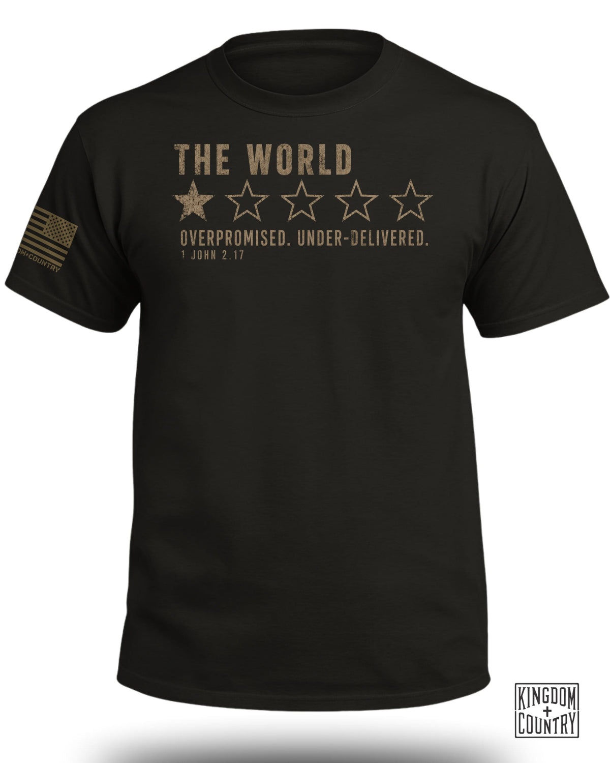 Black t-shirt with "THE WORLD" and distressed stars, "OVERPROMISED. UNDER-DELIVERED." and "1 JOHN 2.17".