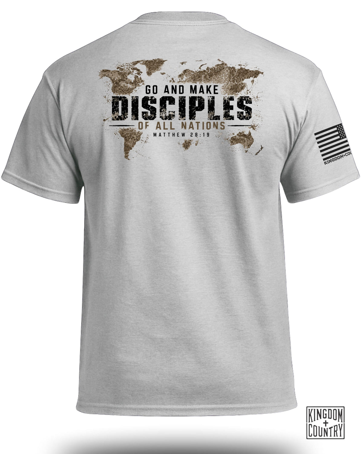 Back of a grey t-shirt featuring a world map graphic and the text Go And Make Disciples Of All Nations Matthew 28:19.