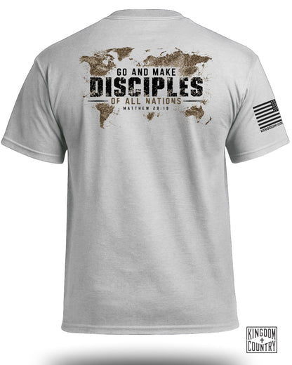 Back of a grey t-shirt featuring a world map graphic and the text Go And Make Disciples Of All Nations Matthew 28:19.