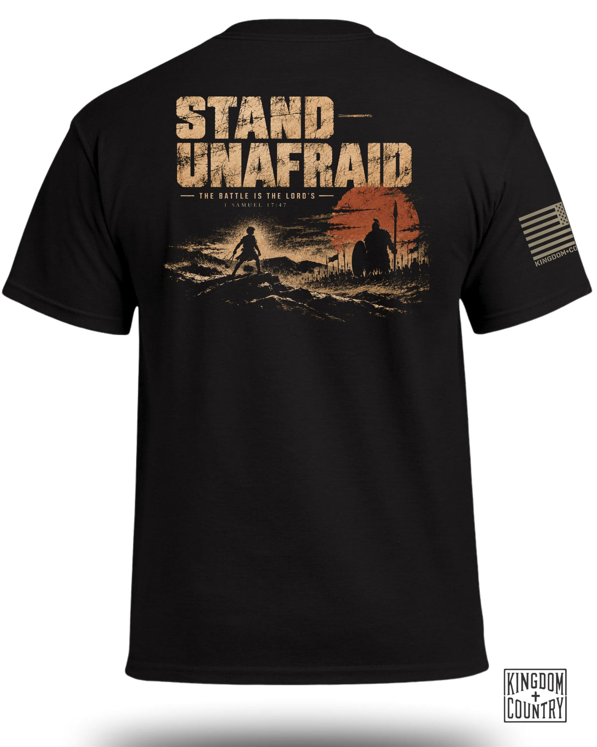 Black t-shirt with "Stand Unafraid" graphic and biblical quote 1 Samuel 17:47.