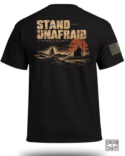 Black t-shirt with "Stand Unafraid" graphic and biblical quote 1 Samuel 17:47.