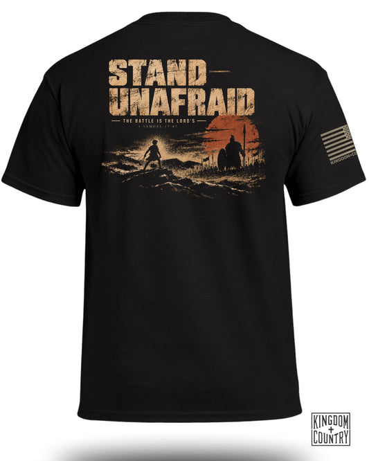 Black t-shirt with "Stand Unafraid" graphic and biblical quote 1 Samuel 17:47.